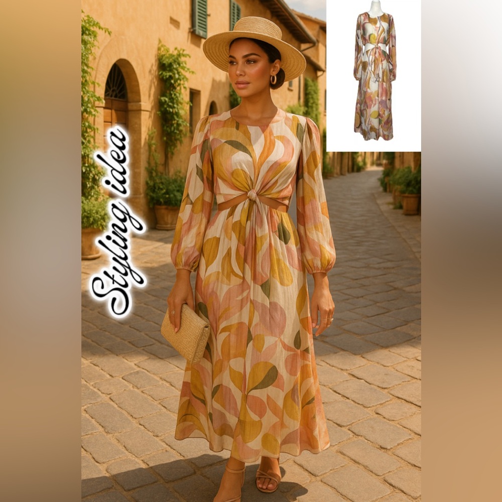 Abstract Print Maxi Dress Cutout Tie Front Long Sleeve Size 8